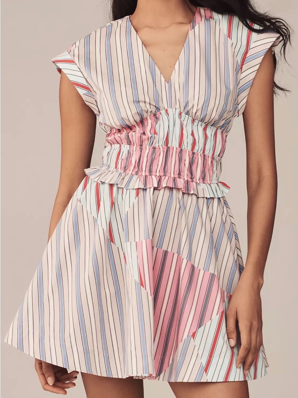 Anthropologie Multi Colored Striped V-Neck Smocked Mini Dress